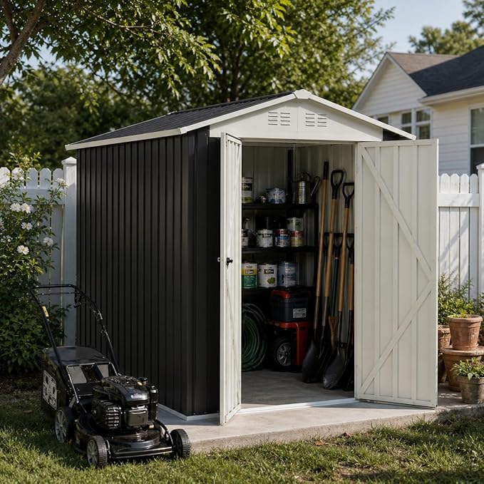 6x9FT Metal Storage Shed, Garden Tool Shed with Lockable Double Door & Sloping Roof, Outdoor Backyard Storage（Grey）