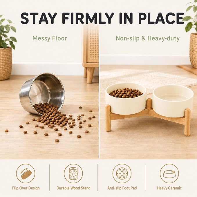 Havniva Ceramic Dog Bowls Elevated, Raised Dog Food Bowl for Small Dogs | 6.1” Elevated Dog Bowls, Non-Slip Wood Stand, Dog Food and Water Bowl Set, Dog Feeding Dish, Large Capacity Pet Water Bowl