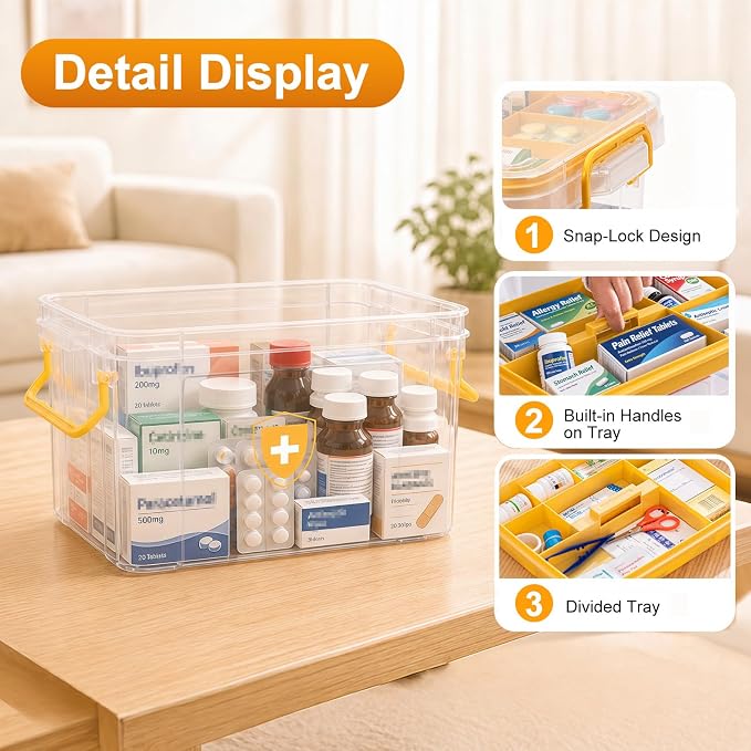 15QT Clear Medicine Organizer Box with Handle, Plastic Medicine Container with Tray First Aid Box Empty, Thickened Medicine Storage Organizer Multipurpose Medication Organizer Storage, Yellow