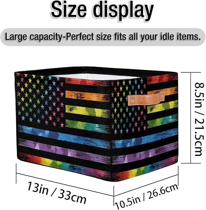 Pardick Flag Basket Storage Bins Rectangle Canvas Basket Cube Storage Box | Nursery Foldable Basket with Handle for Kids Girls Boys Toys Living Room Closet Organizer Shelf Gifts Camo Rainbow