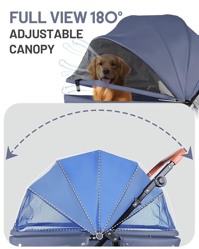 Dog Stroller for Large & Medium Dogs, Pet Stroller for 2 Small Dogs, Extra Large Heavy Duty, Foldable Design, Adjustable Handle, with Pocket, Up to 66lbs(Navy Blue)