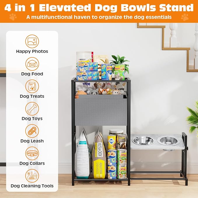 Elevated Dog Bowl Stand with Removable Toy Bin Basket, 6 Height Adjustable Raised Dog Stand, Pet Feeding Station Cabinet with Storage Organizer for Large Medium Small Breed