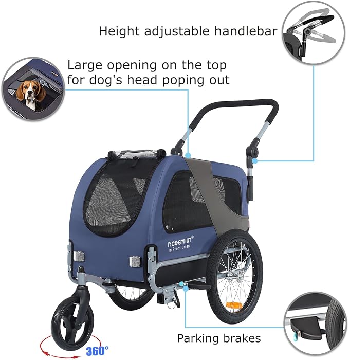 DOGGYHUT® Premium Medium Pet Bike Trailer & Stroller Up to 50 lbs (Blue) | Bicycle Trailer for Small or Medium Dogs, Dog Bicycle Carrier, Low Center of Gravity, Folding Frame Cart
