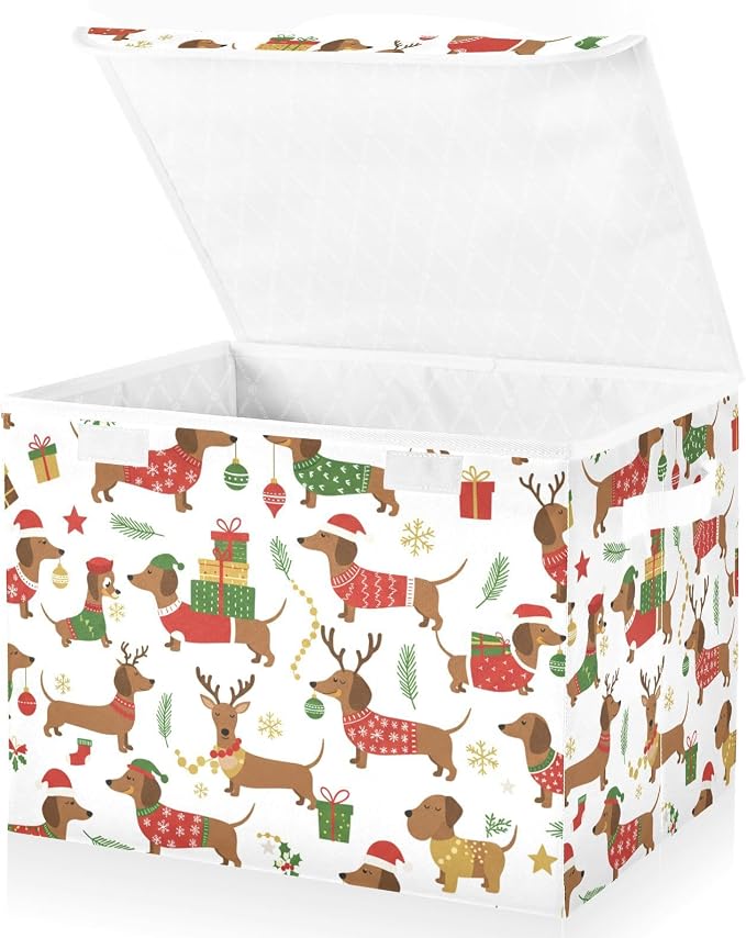 Dogs Christmas Storage Bins with Lids Closet Bedroom 40L Fabric Bin | Decorative Storage Boxes, Foldable & Stackable, Dust-Proof Flip Top, Reinforced Handles, For Home & Dorm, Clothes & Toy Box