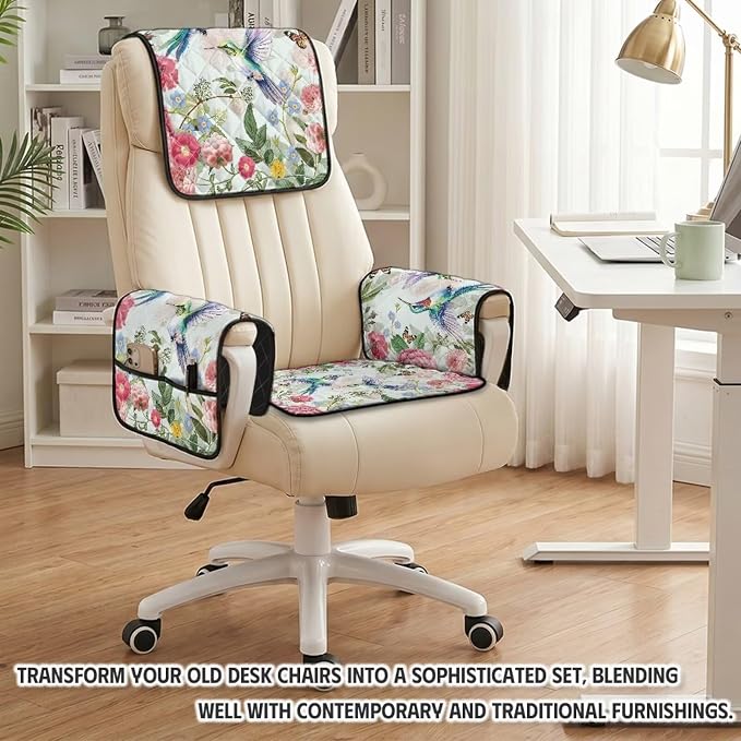4-Piece Non Slip Recliner Chair Cover Hummingbird | Quilted Recliner Chair Covers with Pockets Floral Furniture Covers for Recliners Lazy Boy Sofa Armchair,Scratch Resistant