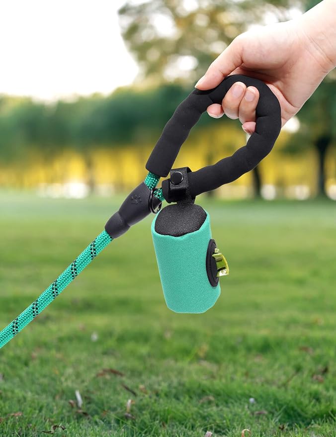 Gobeigo 2-in-1 Dog Poop Bag Holder【Easy Pull-Out Version】(Turquoise) | Hard Plastic Insert & Soft Fabric Bag Snap-On Strap Dispenser Fits Retractable and Standard Leashes with 1 Roll Bags