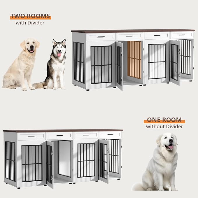 VOWNER 87" Dog Crate Furniture for 2 Dogs, Double Dog Cage Furniture, White | Extra Large Wooden Dog Kennel with 4 Drawer, Removable Divider, Furniture-Style TV Stand, XXL Dog Crate for Large Medium Dogs