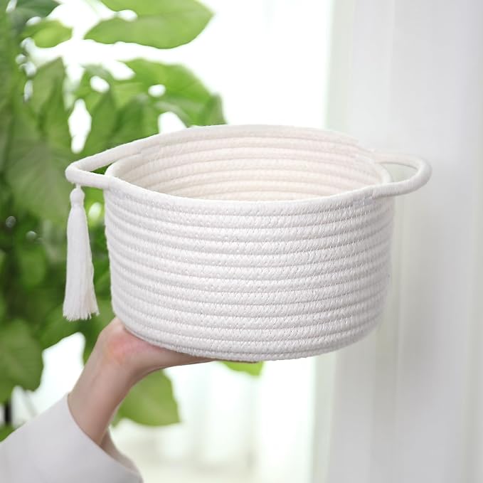 Small Gift Basket Empty to Fill with Gifts Bag & Ribbon, White | Cute Decorative Mini Woven Rope Basket with Handles for Gifting; Reusable for Bathroom Counter or Desk Catchall, 8 x 4.7 in