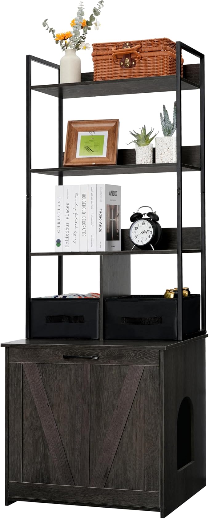 Dwanton Cat Litter Box Enclosure, 3 Storage Shelves and 2 Drawers, 61.8" H | 2-in-1 Hidden Cat Litter Box Enclosure Furniture with Shelf, Metal Frame, Reversible Entrance, Washable Drawers, Dark Grey