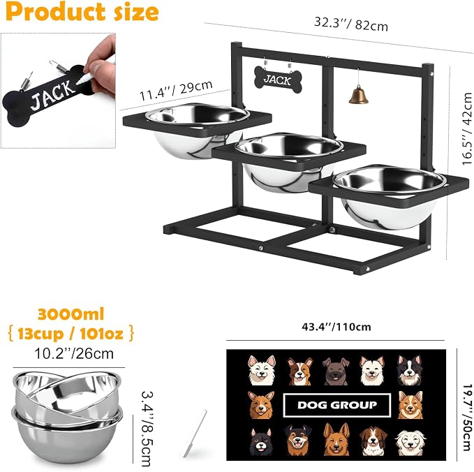 Extra Large Elevated Dog Bowl Stand for Multiple Dogs – 6 Height Adjustable Raised Stand with 3×101oz Stainless Steel Bowls & Non-Slip Mat for XLarge Breeds