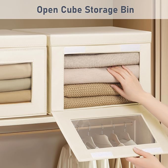 DIMJ Storage Bins with Lids - 8 Pack Large Fabric Closet Organizer with Window & Handles, Collapsible Decorative Storage Boxes for Shelves Under Bed, Books Clothes Blankets Sweaters Organization