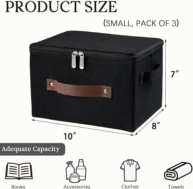 3PCS Storage Bins with Zipper Lid Decorative Lidded Storage Boxes | Collapsible Cotton Linen Fabric Storage Baskets, PU Leather Handle, Stackable Shelf Closet Organizer Container(Black, Small)