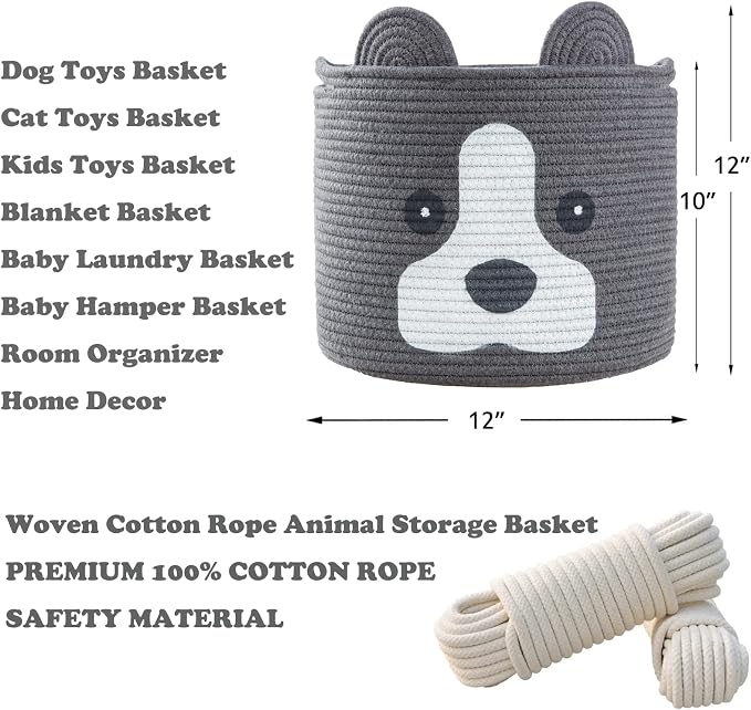 Medium Dog Woven Baskets with Handle, Dog Toy Hamper, Cotton Rope Dog Toy Storage Baskets for Pet, Animal Basket for Kids, Baby Gift Baskets for Dog Lovers, Dark Grey