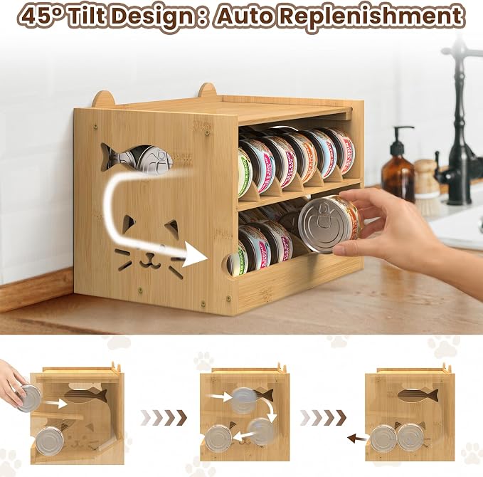 Cat Food Organizer Bamboo Adjustable Can Holder 36 (3oz) Cans | FIFO System, Efficient Storage, Easy Access, For Pet Feeding Area and Kitchen Cabinets