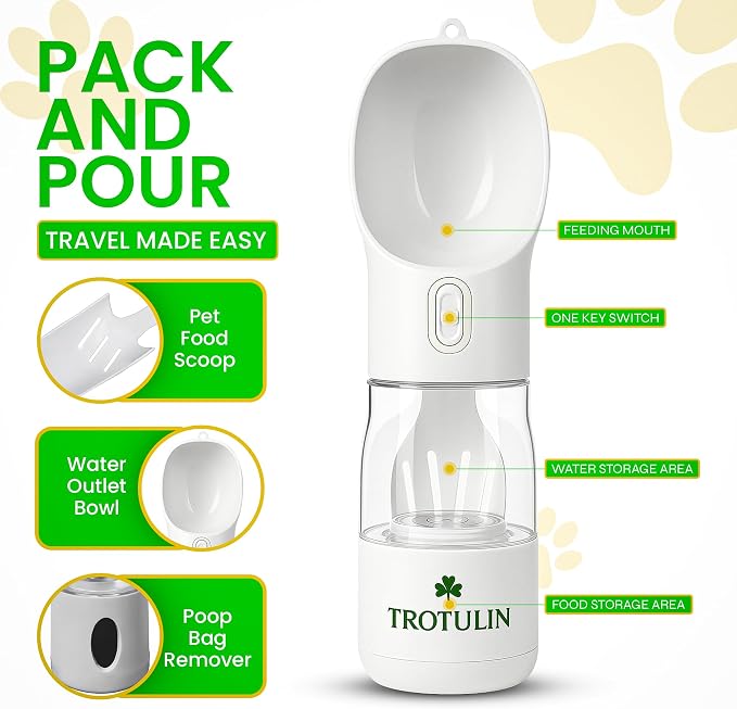 3-in-1 Portable Dog Water Bottle & Food Container,Leak Proof Pet Dispenser with Bowl, Poop Bag Holder & Wrist Strap, BPA Free Travel Water Bottle for Dogs & Cats, Outdoor Walks & Hiking