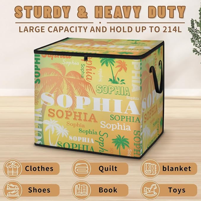 Personalized Extra Large Storage Basket with Lid, Comforters, Orange Green Palm Trees Yellow Background Bedding Storage Bin for Home, Collapsible Basket for Clothes, Moving, Car Trunk