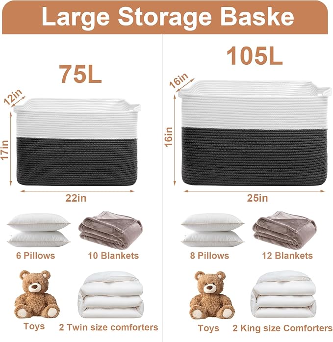 105L Large Blanket Storage Basket with Handles - White & Black | Extra-large 25"x16"x16". Soft cotton, foldable, washable.Holds blankets, pillows clothes for living room, bedroom, dorm.
