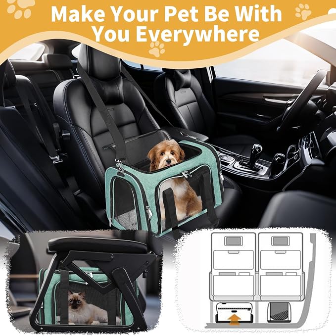 Soft-Sided Cat/Dog/Pet Carrier, Collapsible Pets Travel Carriers | for Big Cats/Small Dogs with Shoulder Strap & Removable Mat, Mesh Puppy Carry Bag,Up to 16 Lbs,TSA Airline Approved-Turquoise