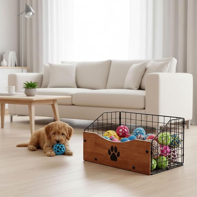 Dog Toy Basket, Wooden Dog Toy Box with Metal Wire Bin, Foldable Pet Toy Storage Organizer with Paw Print Design, Open Dog Toy Holder for Toys, Cat Toys, Blankets, Leashes and Treats, Walnut Brown