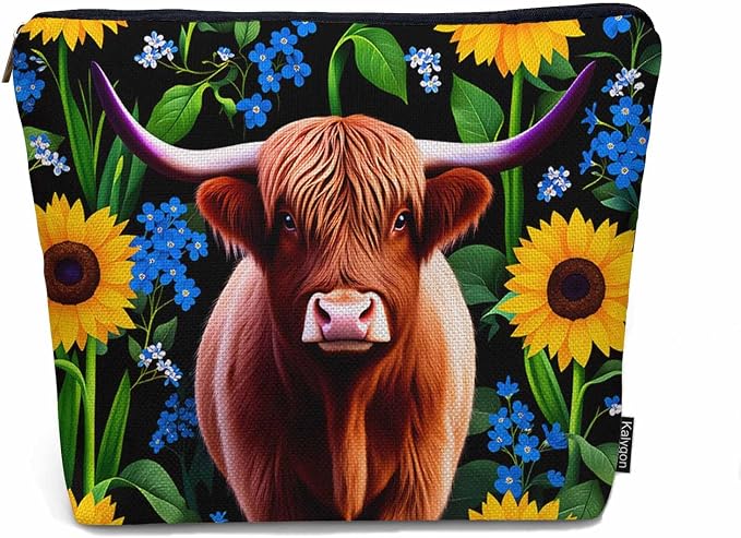 Makeup Bag For Purse Highland Cow, Hairy Cow Highland Cattle Sunflowers Yellow Cosmetic Bags For Women Travel Toiletry Pouch Makeup Bags Makeup Organizers Purse For Toiletries Cosmetics