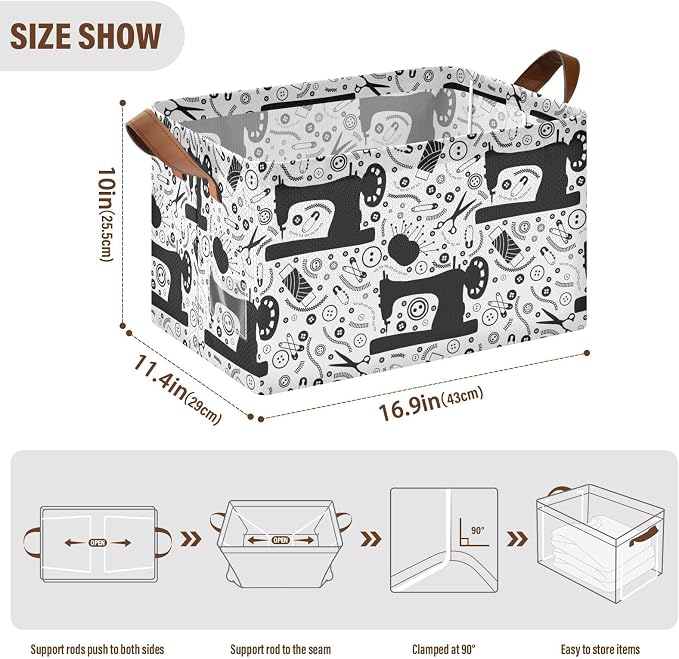 Black White Sewing Tools Printed Storage Basket Foldable Cube Storage Bins with Handles&Label Collapsible Organizer Box Bin Large Rectangle Decorative Baskets for Shelves Home Living Room Closet