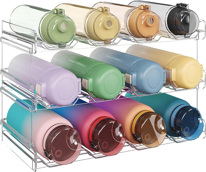 Lifewit Stackable Water Bottle Organizer for Cabinet, Clear Tumbler Holder | Large Slot for Up to 32 oz Cups, Plastic Wine Rack for Fridge, Pantry, Kitchen Organization & Storage, 3-Tier Holds 12 Bottle