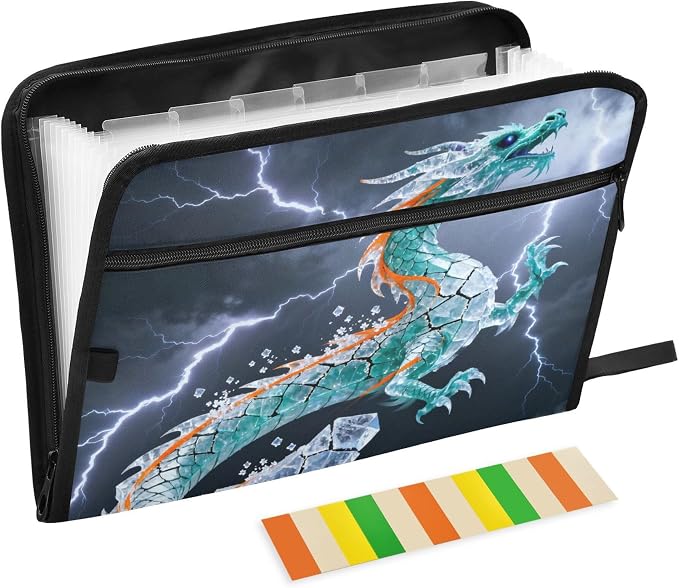 Lightning Crystal Dragon Expanding File Folder with Sticky Labels, 13 Pockets Accordion File Folder Document Organizer Expandable Zip File Folder with Zipper Closure