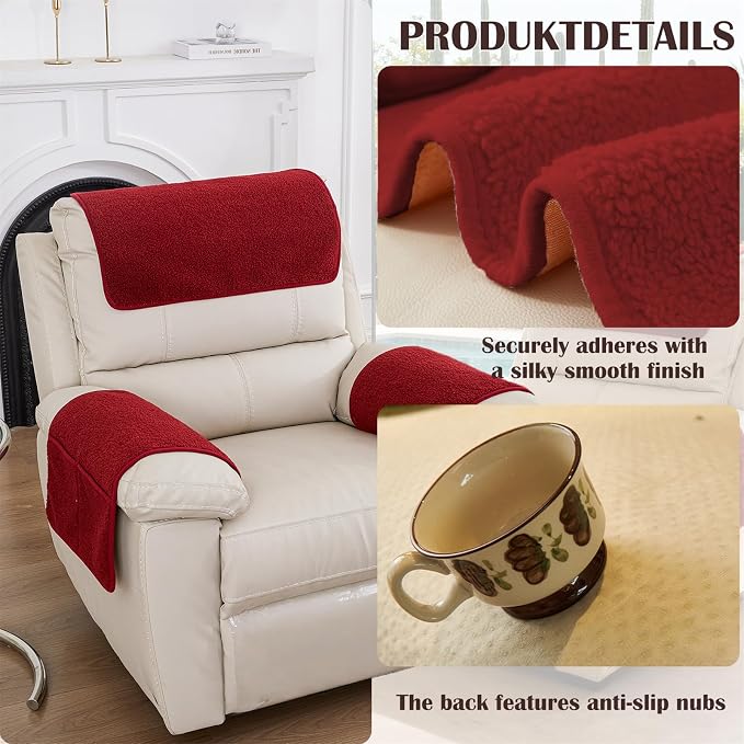 Sherpa Fleece Armrest and Headrest Covers with 2 Pockets | Soft fleece with nonslip silicone backing helps protect leather and fabric furniture from pet scratches machine washable