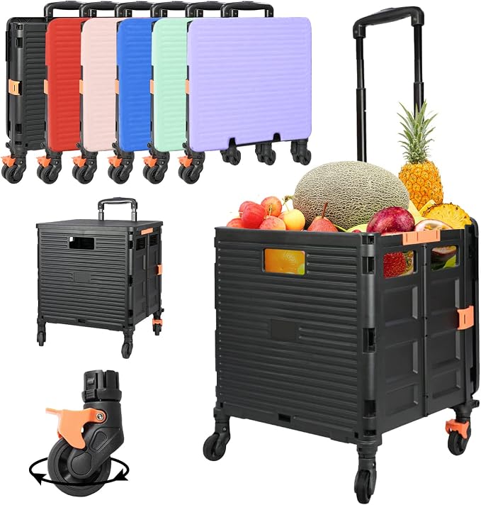 Foldable Utility Cart Portable Rolling Crate Handcart Shopping Trolley Collapsible Tool Box with Rotate Wheels Durable Duty Plastic Telescoping Handle Lid for Travel Move Office School(Black)