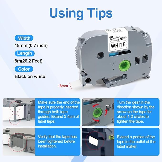 Compatible with Brother P-Touch Label Tape TZ TZe 241 18mm Laminated Label Maker Tape for PTD400, PT-D410, PT-D460BT 1280 D610BT, Black on White , 3/4" (0.7") x 26.2 ft. (8m), 5PK
