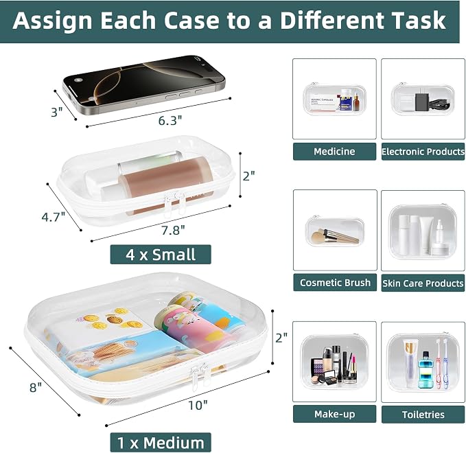 Clear Hard Shell Zipper Cases (5 Packs), Plastic Hard Sided Zippers Pouches Clear Hardshell Pencil Case For Storage, Diaper Bag Organizer Bliss Bins 4*Small/1*Medium