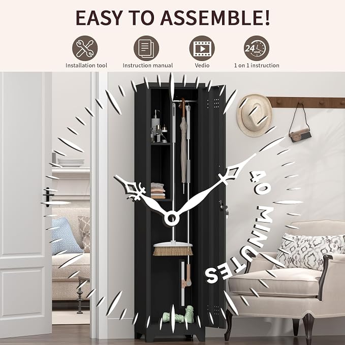 Slim Broom Closet Storage Cabinet, Black Metal Cabinets with Lock and & S-Hooks, Cleaning Supply Cabinet, 65x15.8x15.8 Utility Storage Cabinet for Garage, Office, Laundry Room