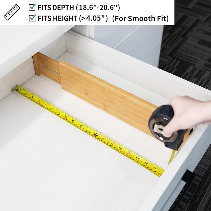 Utoplike Bamboo Drawer Dividers Large, 4" High Kitchen Drawers Organizer | Adjustable, Spring Loaded, Works in Bathroom, Bedroom, Dresser, Office, 4pcs for Clothing, Fit for 18.6"-20.6" Inner Drawer