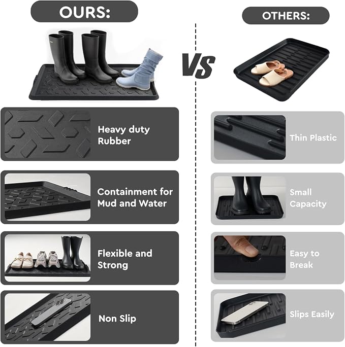 tchdio Durable Rubber Boot Tray and Shoe Mat for Entryway - Heavy Duty Waterproof Shoe Tray Organizer, Non Slip Boot Trays for Front Door, Entryway Muddy Shoes Storage, 16x48 Inches