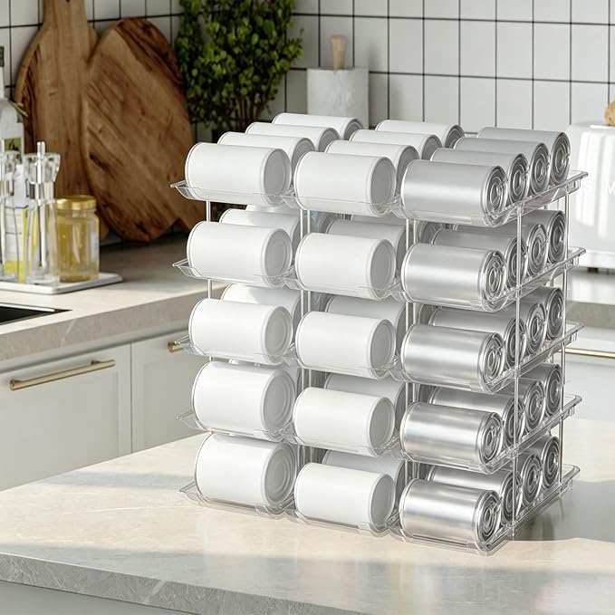 Can Organizer Rack, Double | Clear PET Kitchen Storage Shelf with Tiered Open-Front Access, Vertical Cabinet Countertop Use