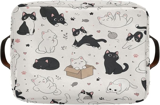 Kigai Storage Basket, Fabric Collapsible Closet Organizer Bin | Cute Cats Waterproof Foldable Canvas Basket with Handles for Shelves, Nursery, Closet, Bedroom & Bathroom