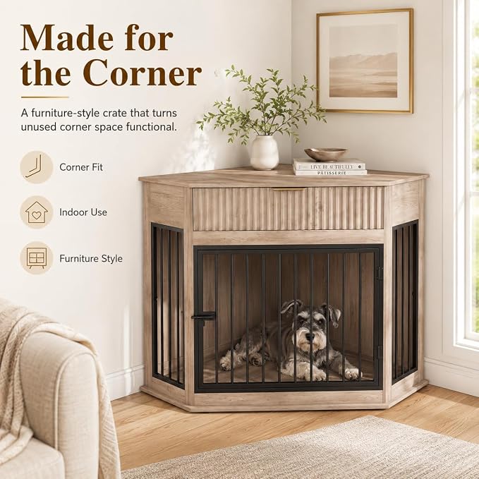 Corner Dog Crate Furniture with Fluted Drawer | MDF & Steel, Medium Dogs 26-40 lbs, Modern decorative pet house