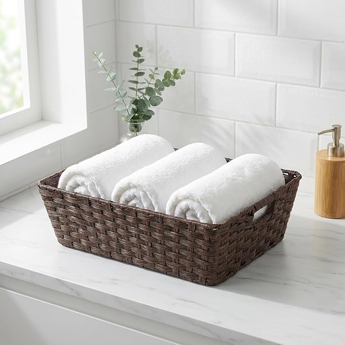Large 2-Pack Plastic Wicker Storage Baskets, 17"x13"x5.5", Brown | onlytak Woven Baskets for Laundry, Closet, Living Room, Shelf Organization, Cat Bed