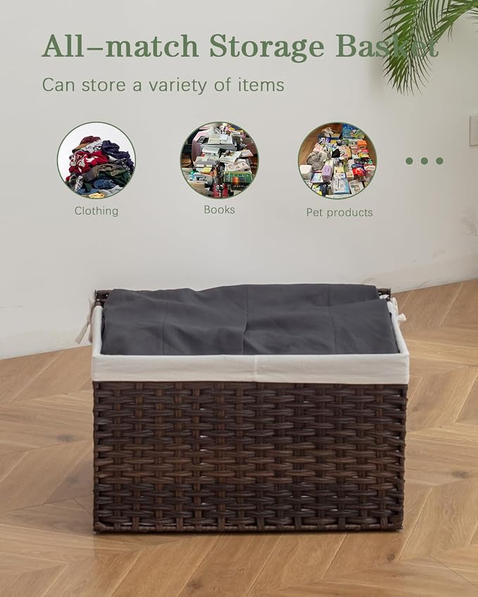 SETVSON Storage Basket with Lid, 2-Lid PE Rattan Storage Bin, Brown | 65L Storage Bin with 2 Separate Lids, 2 Removable Liners with Divider for Clothes & Blankets, Sturdy Frame, Brown