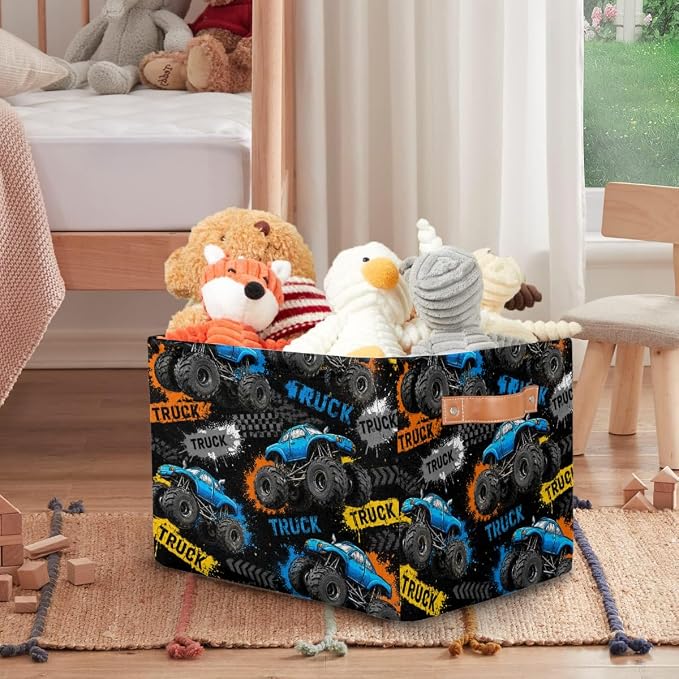 Rectangle Storage Basket with Handles, Cube Organizer Bins for Shelves Collapsible Toys Storage Box Clothes Baskets for Nursery Home Kids Room(Truck)