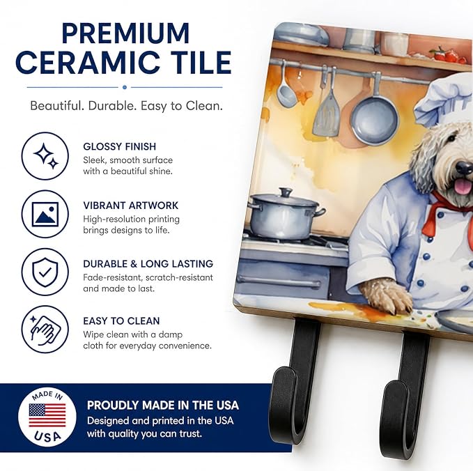 Caroline's Treasures Komondor The Chef Leash or Key Holder Wall Hooks, Key Hooks Holder, Coat Rack Wall Mount, Coat Hooks, Hooks for Hanging Keys, Towels, Aprons, Leashes | Komondor The Chef artwork on ceramic tile with three steel hooks for keys, leas...