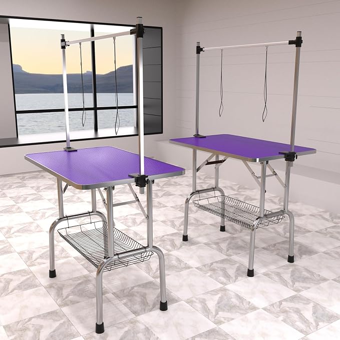 46" Pet Dog Grooming Table, Foldable Stainless Steel Frame Pet Drying Grooming Table Up to 330lbs, Professional Bathing Desk for Dogs at Home with Adjustable Overhead Arms, Noose, Mesh Tray, Purple