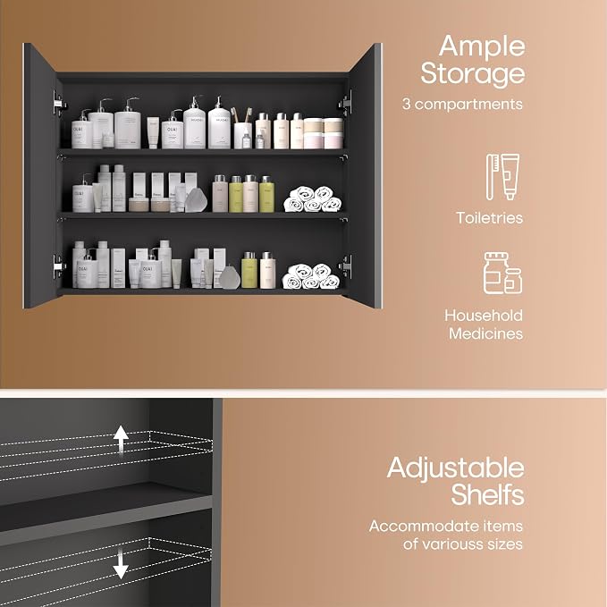 24x32 inch Bathroom Wall Cabinet, Saver Storage Cabinet, Medicine Cabinet with 2 Door and Adjustable Shelves, Black（Assembly Required）