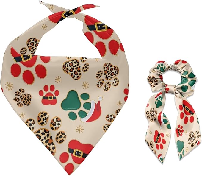 COEQINE Christmas Dog Bandanas Large Beige Bow Hair Tie Bulk Set Costume for Dogs 2 Pcs Large Medium Small Pet Cosplay Birthday Costumes,Cute Paw Print Beige