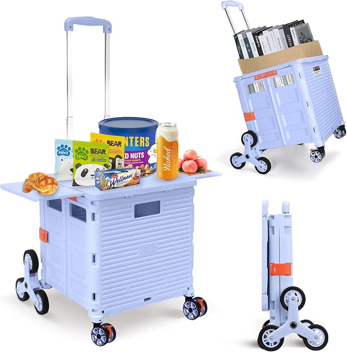 Foldable Utility Cart Collapsible Portable Crate Rolling Carts with Stair Climbing Wheels Tote Basket with Magnetic Lid Telescopic Cover Wear-Resistant 360°Rotate Wheel Noiseless for Shopping Office