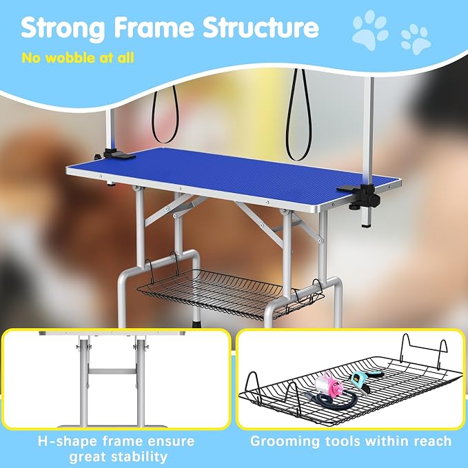 42'' Foldable Dog Grooming Table with Arms/Nooses/Mesh Tray, Blue | Stainless Steel Grooming Table for Dogs at Home, Adjustable Pet Bathing Station, Non-Slip Waterproof Tabletop, Capacity 330Lb