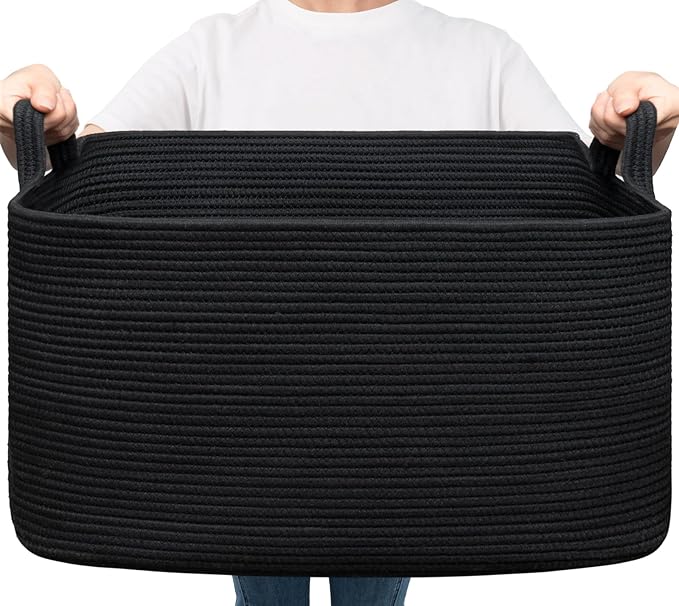 Goodpick Large Woven Rope Blanket Basket, Rectangle, Black, 75L | 21.6'' x 14.9'' x 11.8'' Storage Basket for Blankets, Toys & Pillows, Living Room & Bedroom Organization, Reinforced Handles