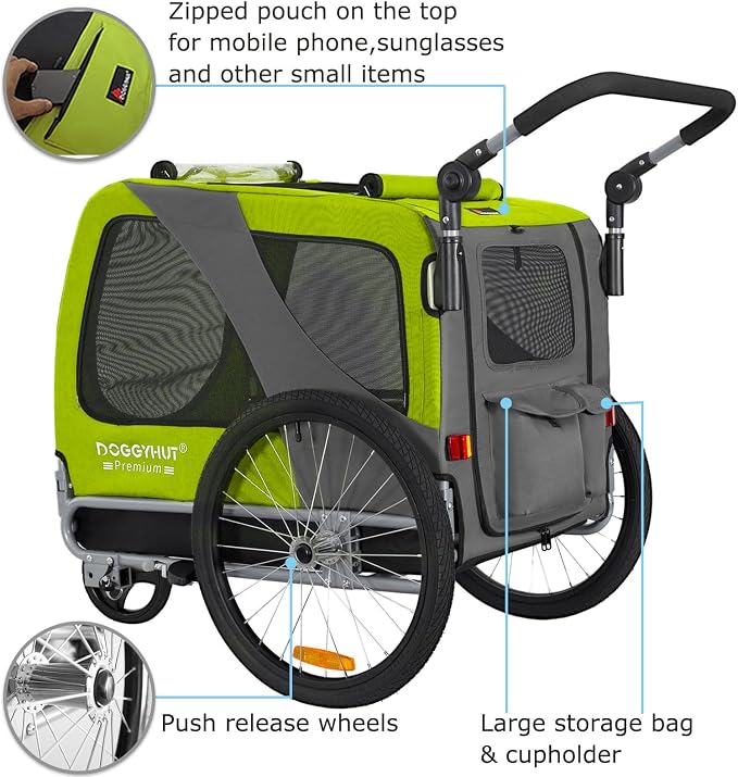 DOGGYHUT® Premium L Pet Bike Trailer & Stroller Up to 77 lbs (Lime Green) | Bicycle Trailer for Small Medium or Large Dogs, Dog Bicycle Carrier, Low Center of Gravity, Folding Frame Cart