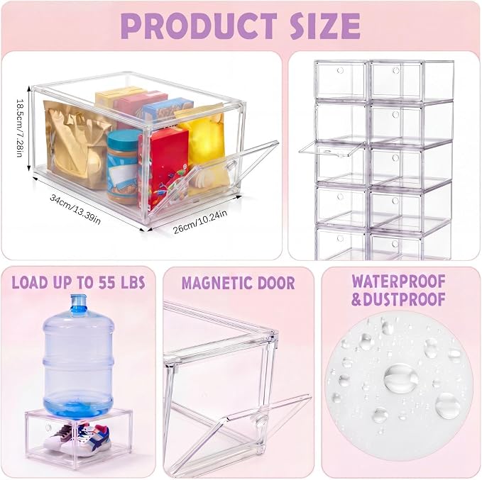 10 Pack Stackable Clear Storage Bins with Front Door 5-sided Transparent Organizer Boxes Plastic Storage Containers for Clothes, Toys, Classroom Supplies, and Home Organization