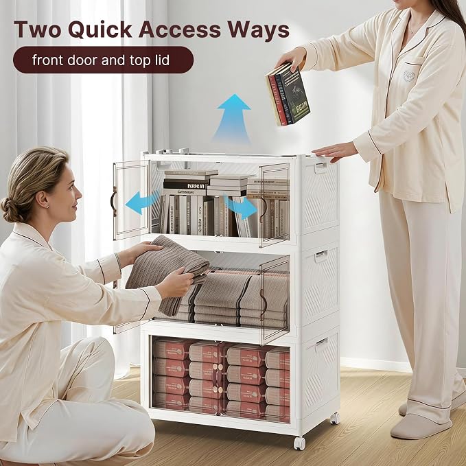 Stackable Storage Bins with Lids, 550QT Lockable Storage Cabinet | Closet Organizers, Foldable Storage Box with Doors and Wheels, Plastic Drawers for Home, Garage, Office (5, White, Plus)